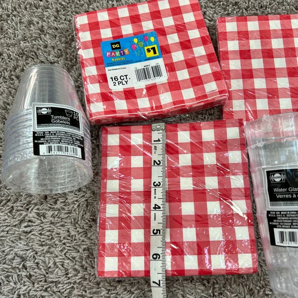 Red Gingham Picnic Party Supplies Napkins Tumblers Water Glasses Set 5 Packs NEW